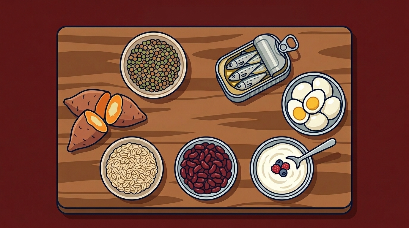 Seven cheap muscle foods on a kitchen board